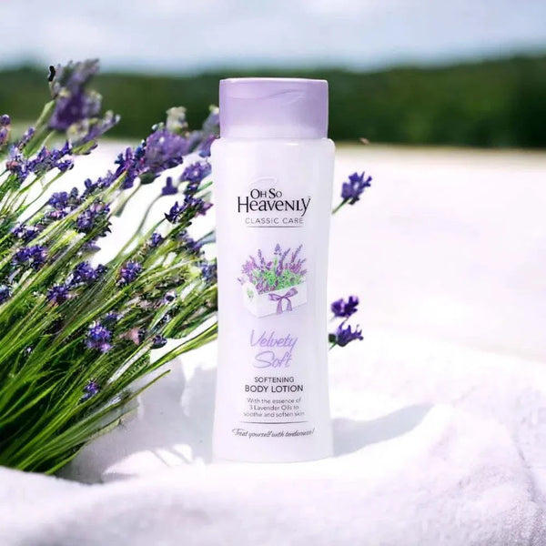 Oh So Heavenly Classic Care Body Lotion - Velvety Soft 375ml with lavender flowers, offering luxurious softness and soothing fragrance for all skin types.