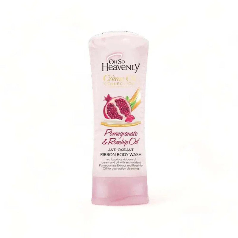 Oh So Heavenly Pomegranate & Rosehip Oil Body Wash with creamy oil ribbons, antioxidant-rich, vegan and cruelty-free, 300ml bottle