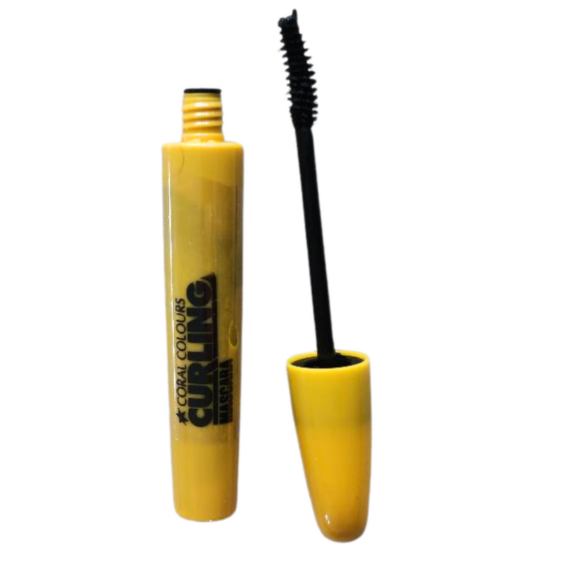 Coral Colours Curling Mascara in yellow packaging with brush wand.