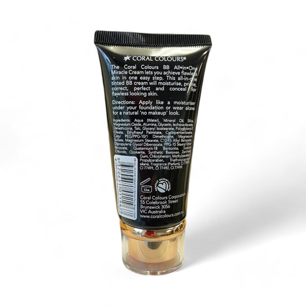 Coral Colours BB Cream ivory tube with key ingredients and directions for flawless skin.