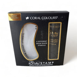 Coral Colours Brow Stamp in Dark Brown with 6 eyebrow shape stencils for precise definition.