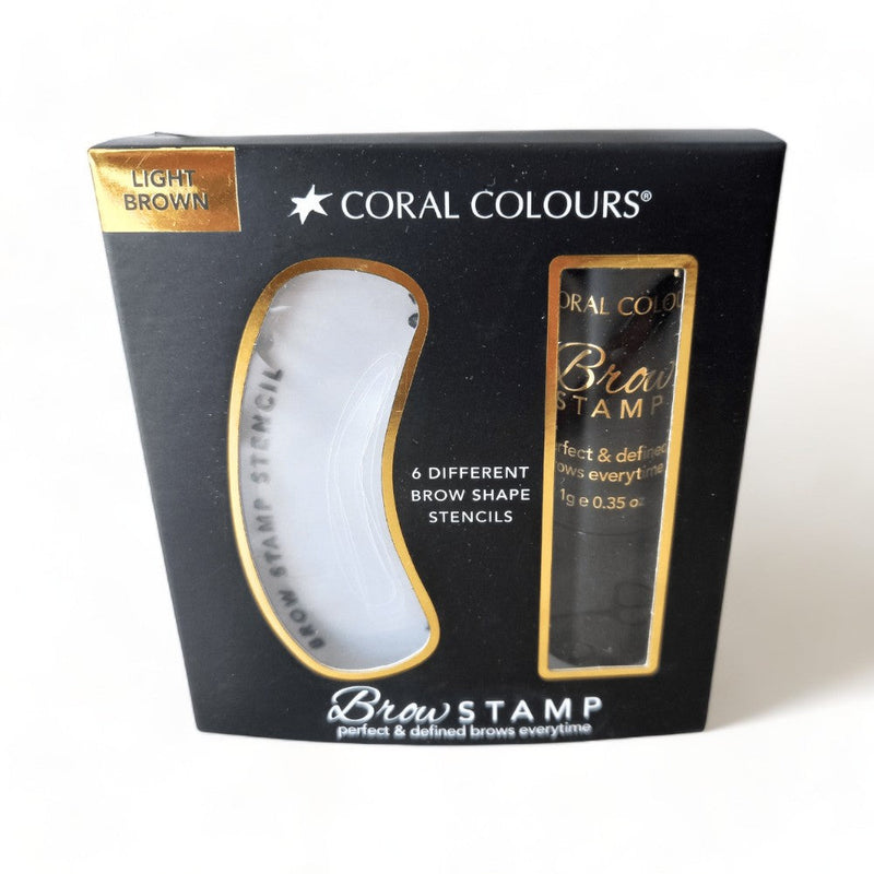 Coral Colours Brow Stamp in Light Brown with six brow shape stencils for defined eyebrows.