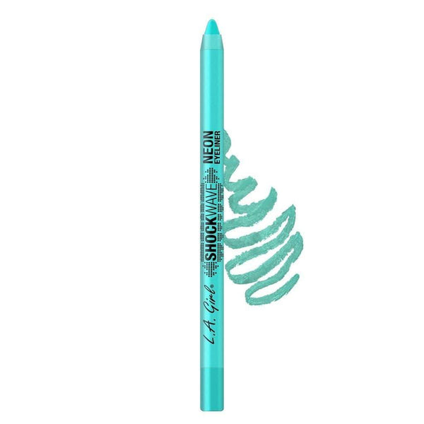 LA Girl Shockwave Neon Eyeliner Pencil in bright fresh teal with creamy, water-resistant formula and 16-hour wear