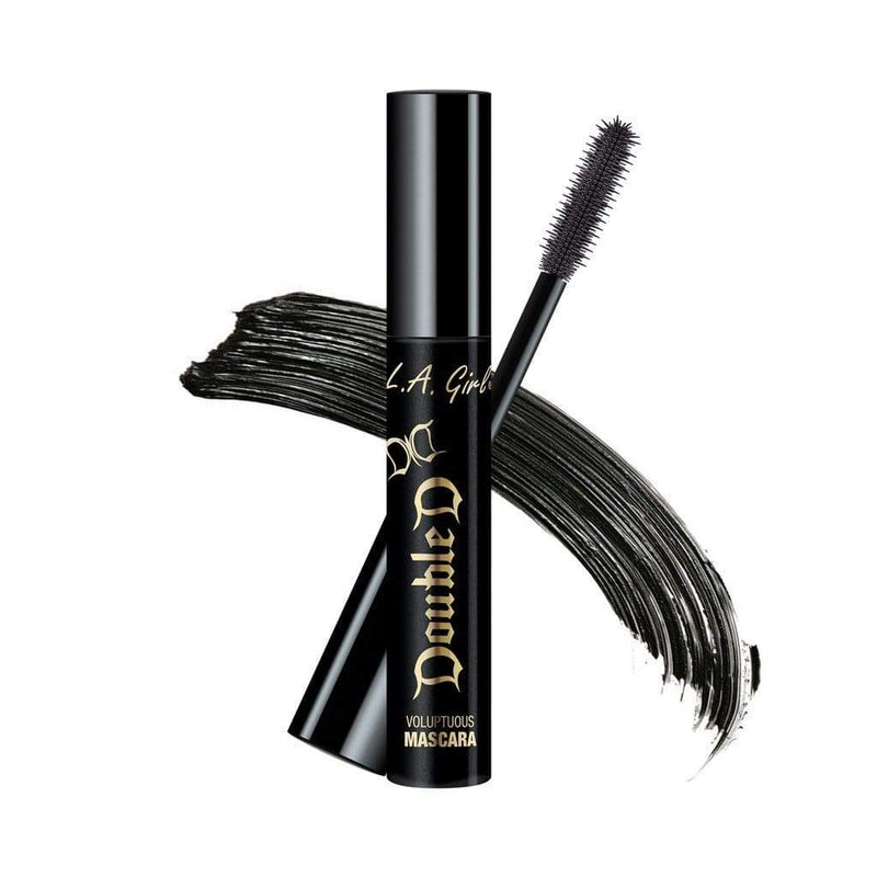 LA Girl Mascara Double D with silicone brush, black color swipe, focus on lash volume.