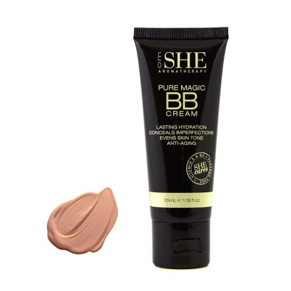 SHE Pure Magic BB Cream (Medium to Dark) tube with sample swatch, anti-aging, hydrating formula.