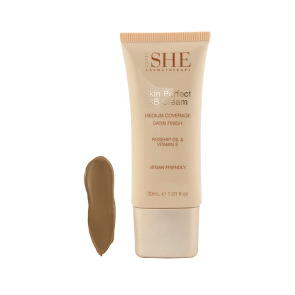 SHE Skin Perfect BB Cream in Tan with medium coverage and satin finish, 30mL tube.